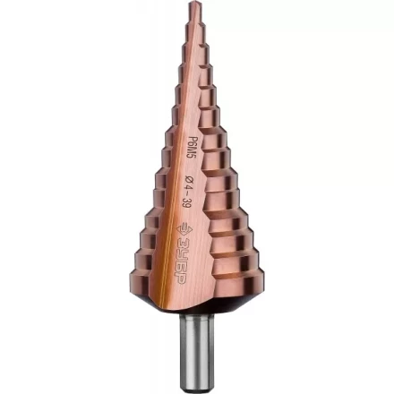 Сверло ЗУБР "КОБАЛЬТ" ступен. по сталям и цв.мет.ст.Р6М5 с кобальт.покрыт.d 4-39мм,14ст.d4-39,L-113мм, 3-хгран.хв. 10мм 29672-4-39-14 купить в Надыме