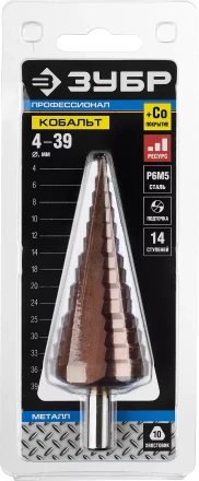 Сверло ЗУБР "КОБАЛЬТ" ступен. по сталям и цв.мет.ст.Р6М5 с кобальт.покрыт.d 4-39мм,14ст.d4-39,L-113мм, 3-хгран.хв. 10мм 29672-4-39-14 купить в Надыме