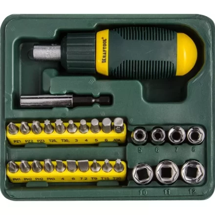 Набор KRAFTOOL Отвертка реверсивная с битами и торцовыми головками, 29 предметов 25556-H29 купить в Надыме