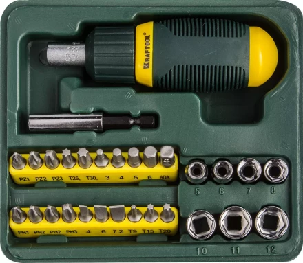 Набор KRAFTOOL Отвертка реверсивная с битами и торцовыми головками, 29 предметов 25556-H29 купить в Надыме