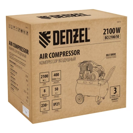 Компрессор воздушный рем. привод Denzel BCI 2100/50, 2,1 кВт, 50 литров, 400 л/мин купить в Надыме