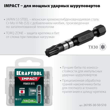 Биты для ударных шуруповертов KRAFTOOL Impact Pro TX 26195-30-50-S10 купить в Надыме