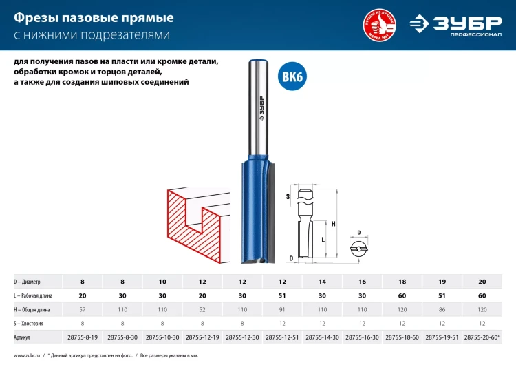 ЗУБР 16 x 30 мм, хвостовик 12 мм, фреза пазовая прямая с нижними подрезателями, Профессионал (28755-16-30) купить в Надыме