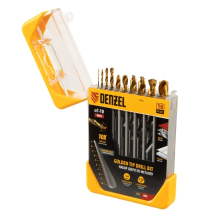 Набор сверл по металлу, 1-10 мм, HSS-Tin, Golden Tip, 10 шт Denzel 72316 купить в Надыме