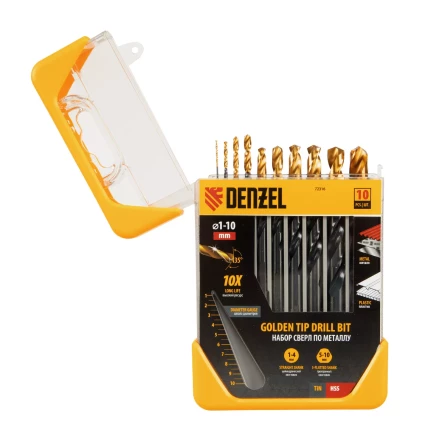Набор сверл по металлу, 1-10 мм, HSS-Tin, Golden Tip, 10 шт Denzel 72316 купить в Надыме