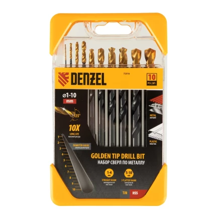 Набор сверл по металлу, 1-10 мм, HSS-Tin, Golden Tip, 10 шт Denzel 72316 купить в Надыме