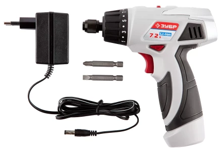 Шуруповерт ЗУБР 2-х скор,Li-Ion,реверс,15+1,зарядка 3-5ч,10мм,0-160 и 0-320об/мин,1,5А/ч,7,2В,набор бит,в блистере ЗДА-7.2-Ли Б купить в Надыме