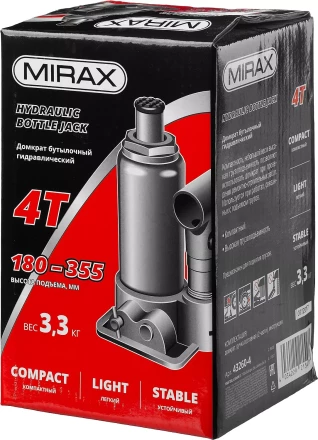 Домкрат гидравлический бутылочный, 4т, 180-355 мм, MIRAX 43260-4 43260-4 купить в Надыме