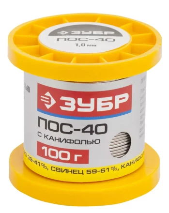 Припой ЗУБР, ПОС 40, трубка с канифолью, 100г, 1мм 55451-100-10C купить в Надыме