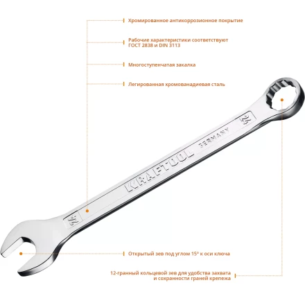 Ключи комбинированные KRAFTOOL, Cr-V, DIN 3113 27079-24 купить в Надыме