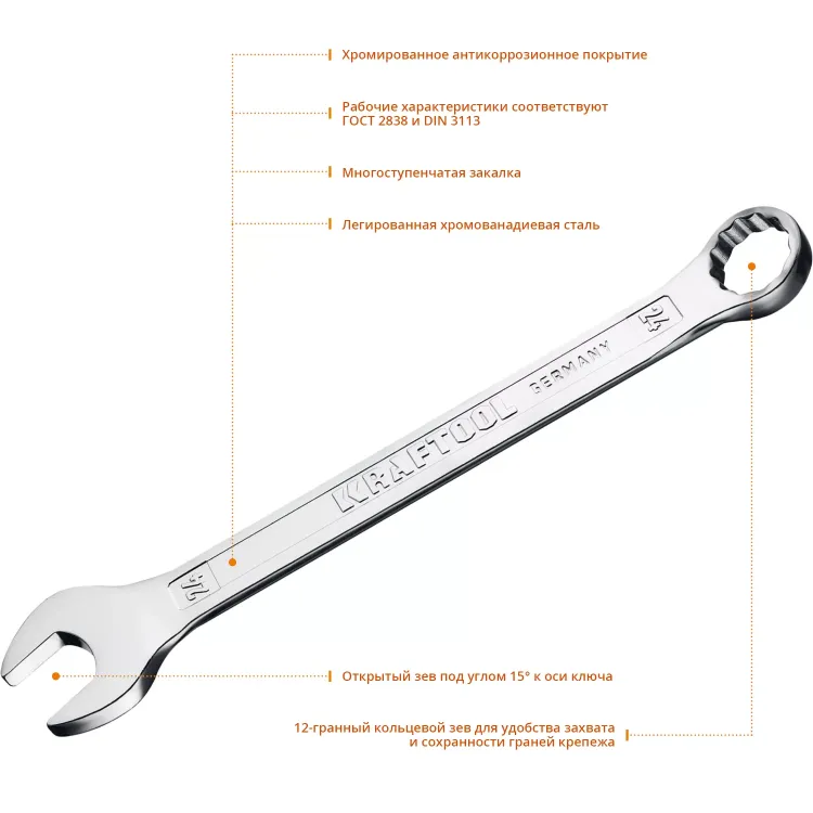 Ключи комбинированные KRAFTOOL, Cr-V, DIN 3113 27079-24 купить в Надыме