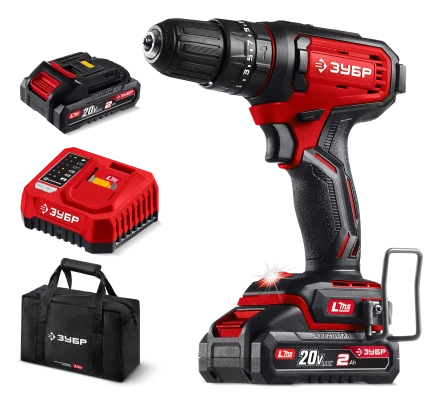 ЗУБР 20 В, 40 Нм, 2 АКБ LMS (2 Ач), ударная дрель-шуруповерт, сумка (ДШУ-40-22) купить в Надыме