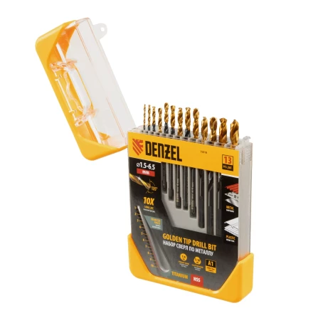 Набор сверл по металлу, 1,5-6,5 мм, HSS-Tin, Golden Tip, 13 шт Denzel 72318 купить в Надыме