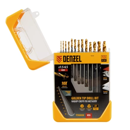 Набор сверл по металлу, 1,5-6,5 мм, HSS-Tin, Golden Tip, 13 шт Denzel 72318 купить в Надыме