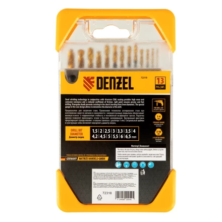 Набор сверл по металлу, 1,5-6,5 мм, HSS-Tin, Golden Tip, 13 шт Denzel 72318 купить в Надыме