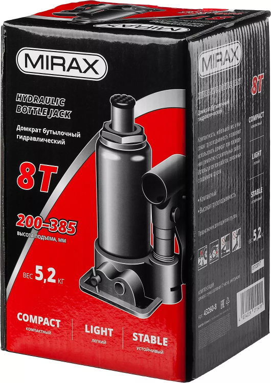 Домкрат гидравлический бутылочный, 8т, 200-385 мм, MIRAX 43260-8 43260-8 купить в Надыме