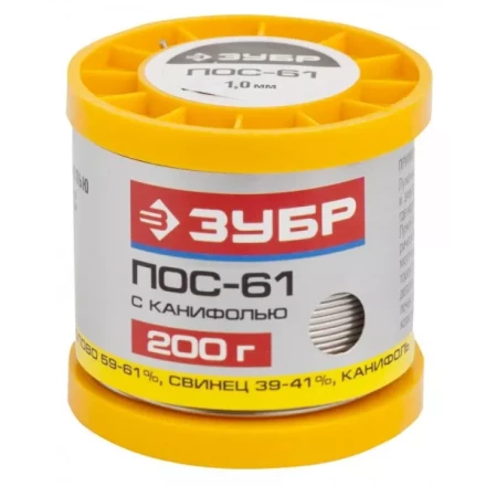 Припой ЗУБР, ПОС 61, трубка с канифолью, 200г, 1мм 55450-200-10C купить в Надыме