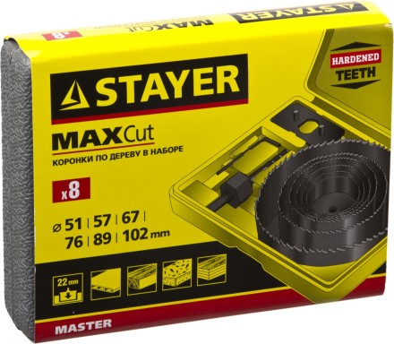 Набор кольцевых коронок по дереву STAYER &quot;MASTER&quot; Д51, 57, 67, 76, 88, 102мм. 8шт. 29600-H8 купить в Надыме