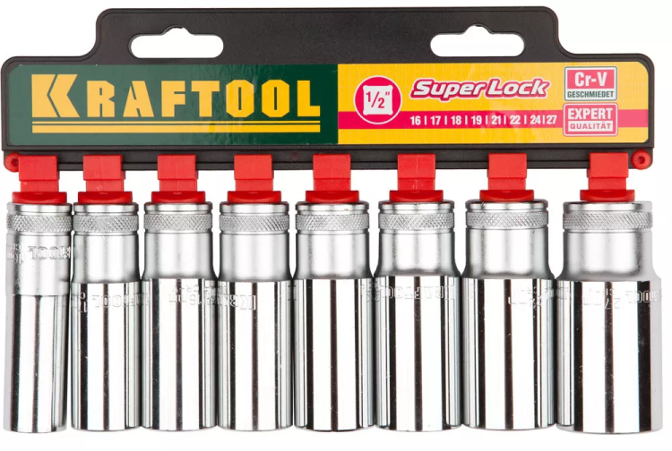 Набор KRAFTOOL "EXPERT QUALITAT" Торцовые головки "SUPER LOCK" удлин, 1/2", 16-27мм, 8 предметов 27865-H8_z01 купить в Надыме