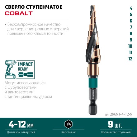 Ступенчатое сверло, сталь c кобальтом, спиральная проточка, НЕХ хвостовик 29691-4-12-9 купить в Надыме