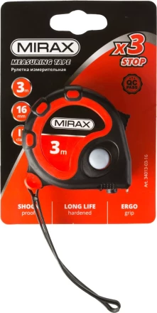 Рулетка MIRAX, 3 стопора, двухкомпонентный пластиковый корпус, 3мх16мм 34013-03-16 купить в Надыме