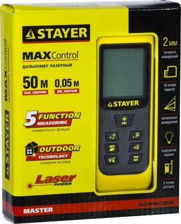 Дальномер STAYER "MASTER" MAX-Control лазерный, 2 точки отсчета, дальность 50м, точность 2мм 34957 купить в Надыме