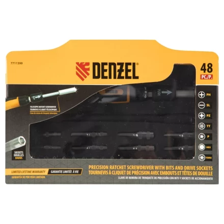 Отвертка с набором бит и торцевых головок для точных работ Denzel 7711599, гибкий привод, 48 шт, CrMo купить в Надыме