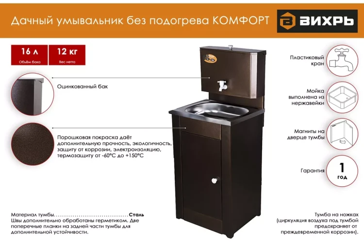 Умывальник дачный "Комфорт" ВИХРЬ без подогрева, нержавейка, медь 74/4/11 купить в Надыме
