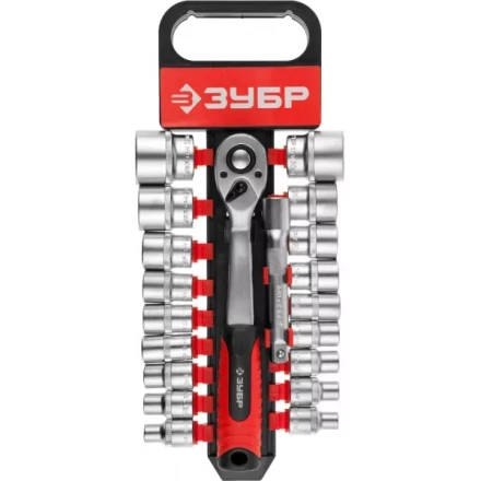 Набор ЗУБР "МАСТЕР": Торцовые головки (1/2") на пластиковом рельсе, трещотка, удлинитель, Cr-V, 8-32мм, 20 предметов 27647-H20 купить в Надыме
