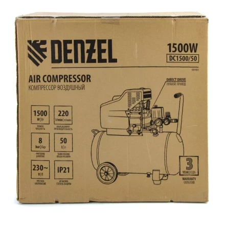 Компрессор воздушный, прямой привод DC1500/50, 1.5 кВт, 50 литров, 220 л/мин Denzel 58161 купить в Надыме