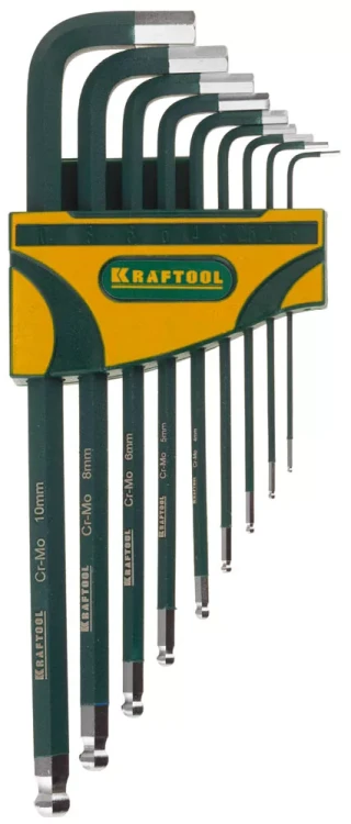 Набор ключей имбусовых KRAFTOOL "INDUSTRIE" длинные,шарик,Cr-Mo сталь(S2),хром покрыт с противоск напыл,HEX1,5-10мм,9шт 27445-H9 купить в Надыме