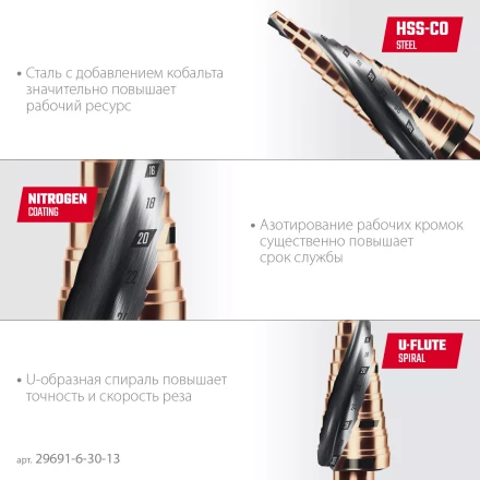 Ступенчатые сверла, сталь c кобальтом, спиральная проточка, НЕХ хвостовик 29691-6-30-13 купить в Надыме