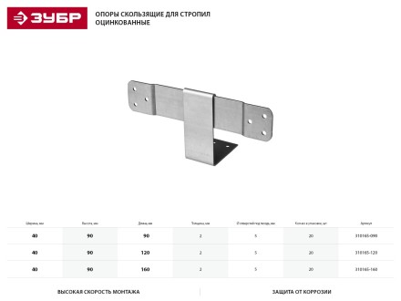 Опора ЗУБР &quot;МАСТЕР&quot; скользящая для стропил, 40х90х120мм, 20 шт 310165-120 купить в Надыме