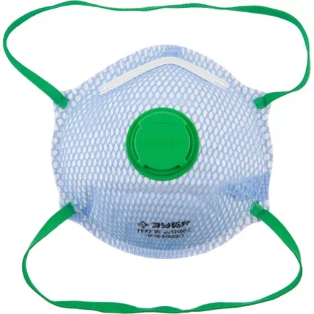 Полумаска фильтрующая ЗУБР "ЭКСПЕРТ" коническая, с внешней сеткой, с клапаном, многослойная, класс защиты FFP2 11160-2 купить в Надыме