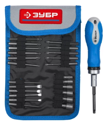 Набор ЗУБР Отвертка "ЭКСПЕРТ" реверcивная, 2-хкомп. ручка, биты 65мм, торцовые головки, 25пред. 25281-H25 купить в Надыме
