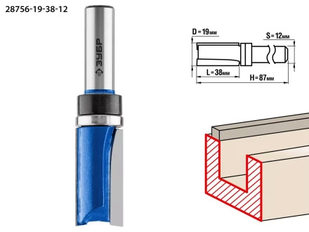 ЗУБР 19 x 38 мм, хвостовик 12 мм, фреза пазовая прямая с верхним подшипником. , Профессионал (28756-19-38-12) купить в Надыме