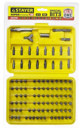 Набор STAYER "MASTER" "SUPER UNIVERSAL": Биты, полный ассортимент стандартных и специальных шлицов, адаптеры, Cr-V, 100 предметов, в боксе 2604-H100 купить в Надыме