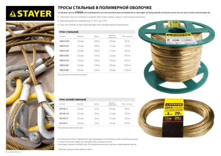 Трос стальной в полимерной оболочке, d=2,0 мм, L=200 м, STAYER Master 30410-20 30410-20 купить в Надыме