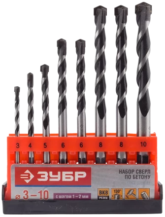 Набор сверл по бетону усиленные ЗУБР 3 шт d 6-8-10 мм трехгранный хвостовик  Профессионал 2916-H3 купить в Надыме