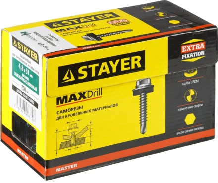 Саморезы СКД кровельные, RAL 6005 зеленый насыщенный, 51 х 4.8 мм, 250 шт, для деревянной обрешетки, STAYER 30305-48-051-6005 купить в Надыме