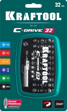 Набор бит и адаптеров KRAFTOOL C-Drive многофункциональный, Cr-Mo сталь, в ударопрочном компактном боксе. Цветная маркировка типов шлицов 26067-H32 купить в Надыме