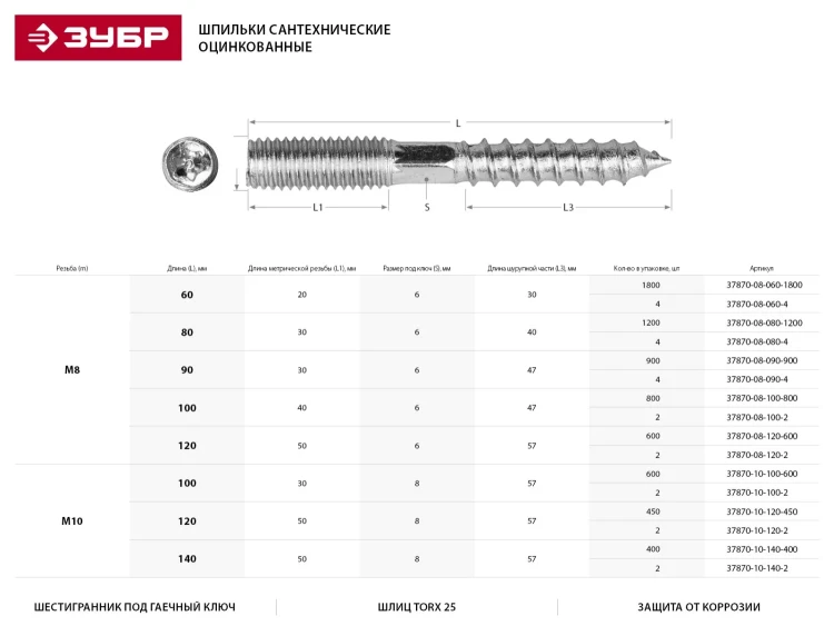 ЗУБР "МАСТЕР". Шпилька сантехническая, шестигранник, Torx 25, оцинкованная, М8x120мм, 600шт 37870-08-120-600 купить в Надыме