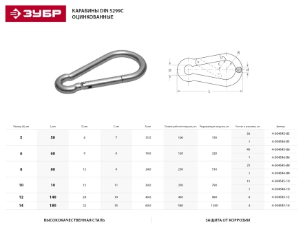 Карабин ЗУБР "МАСТЕР" DIN 5299С, оцинкованный, 12мм, 8 шт 4-304545-12 купить в Надыме