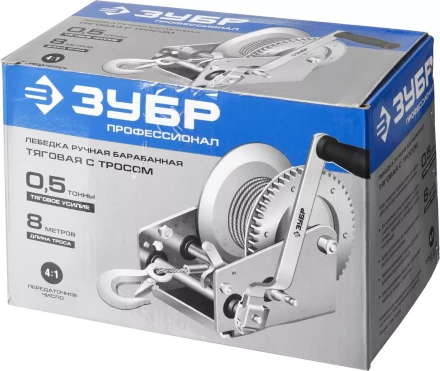 Лебедка ручная барабанная ЗУБР "ПРОФЕССИОНАЛ", тяговая, тросовая, 0,5т, 8м 43113-0.5_z01 купить в Надыме