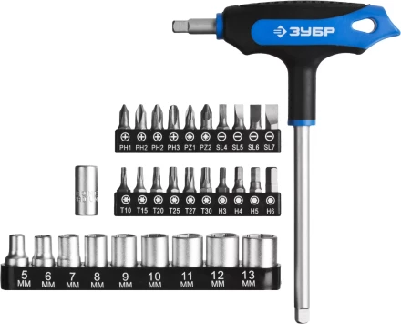 Набор ЗУБР "ЭКСПЕРТ": Отвертки, битодержатель с Т-образной двухкомпонентной рукояткой, Cr-V, 31 предмет 25236-H30_z01 купить в Надыме