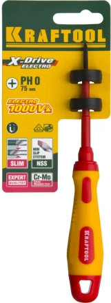 Отвертка KRAFTOOL, высоковольтная, Cr-Mo-V стержень, двухкомпонент. маслобензостойкая рукоятка, PH №0, 60мм 250084-0-060 купить в Надыме