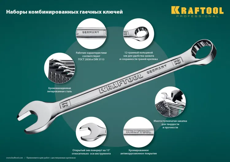Наборы ключей комбинированных KRAFTOOL, Cr-V, DIN 3110, в EVA-ложементе 27079-H18E купить в Надыме