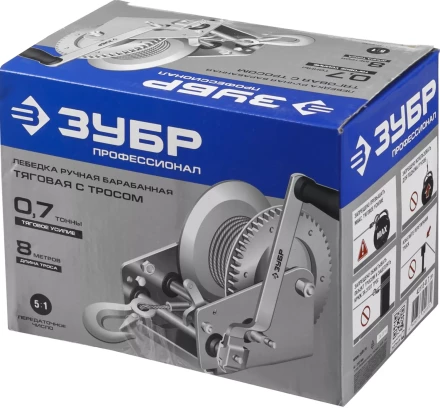 Лебедка ручная барабанная ЗУБР "ПРОФЕССИОНАЛ", тяговая, тросовая, 0,7т, 8м 43113-0.7_z01 купить в Надыме