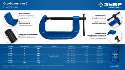 ЗУБР ПCС-50, 50 мм, чугунная струбцина тип С (G-образная), Профессионал (32245-050) купить в Надыме