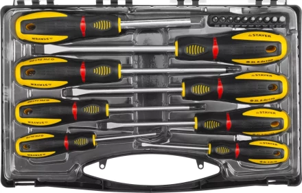 Набор STAYER "PROFESSIONAL" "PROTech": Отвертки, Cr-Mo, двухком рукоят, отвертки 7шт, отвертка-битодержатель, биты 10шт 25133-H8_z02 купить в Надыме